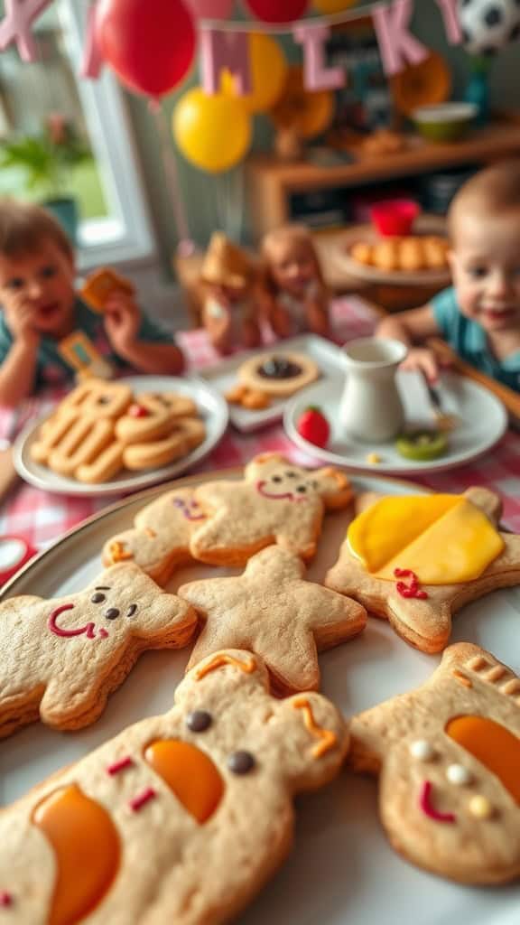 Biscuits shaped like characters served on a plate, perfect for a kids' breakfast party.