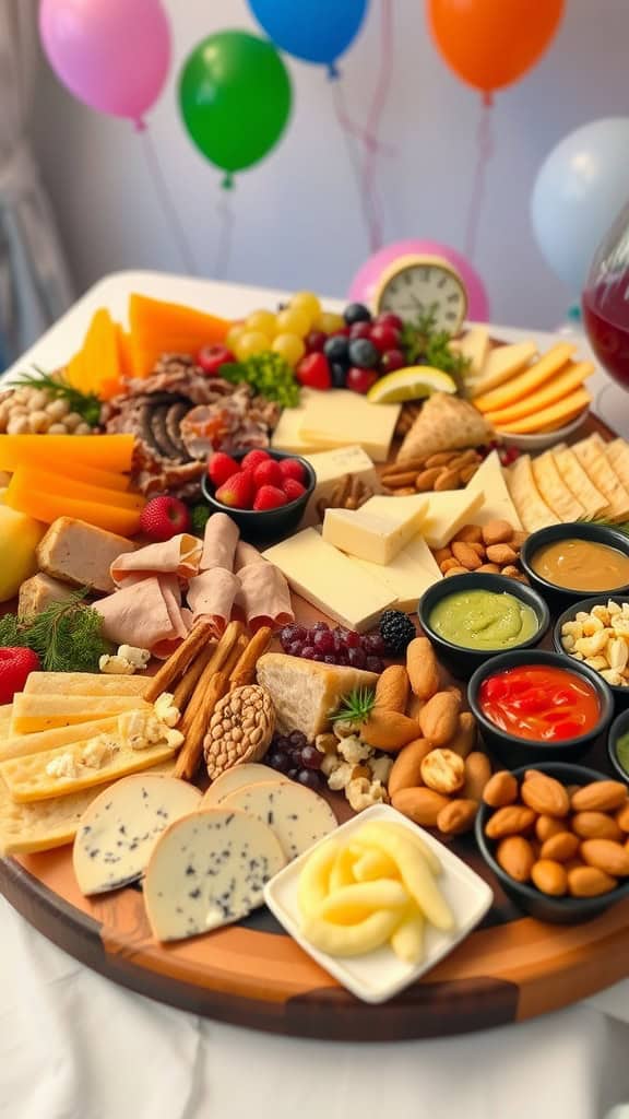 A festive birthday-themed charcuterie board with a variety of cheeses, meats, fruits, and colorful garnishes.