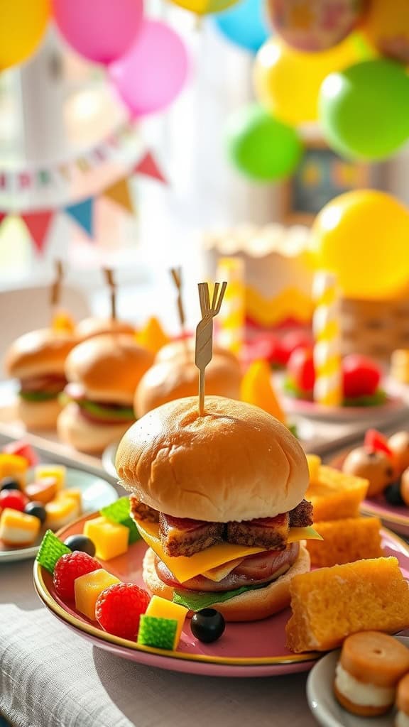 Mini sliders with cheese and colorful fruit skewers on a festive party table