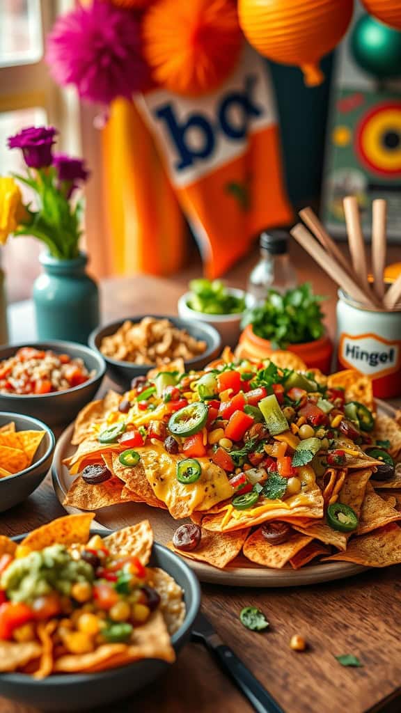 A colorful setup of a DIY nacho bar with various toppings and ingredients ready for a birthday party.