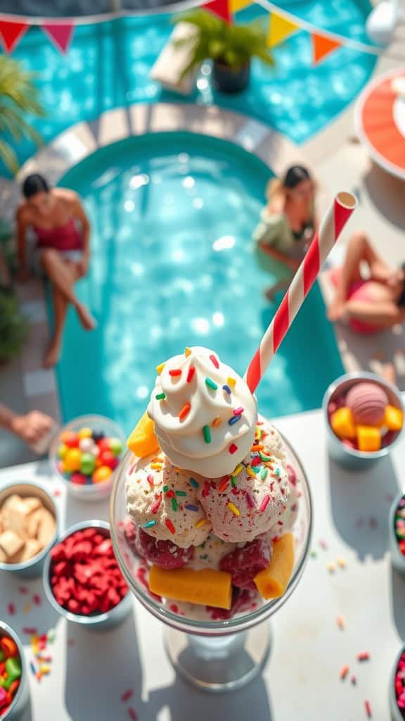 A colorful ice cream sundae with toppings, perfect for a birthday pool party.