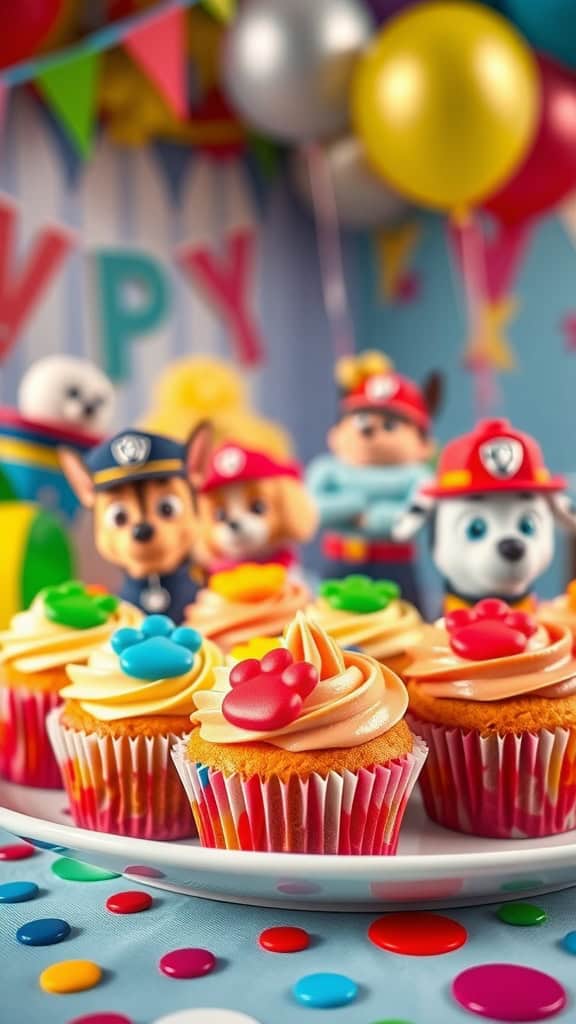 Brightly frosted cupcakes decorated with colorful paw prints for a Paw Patrol party.