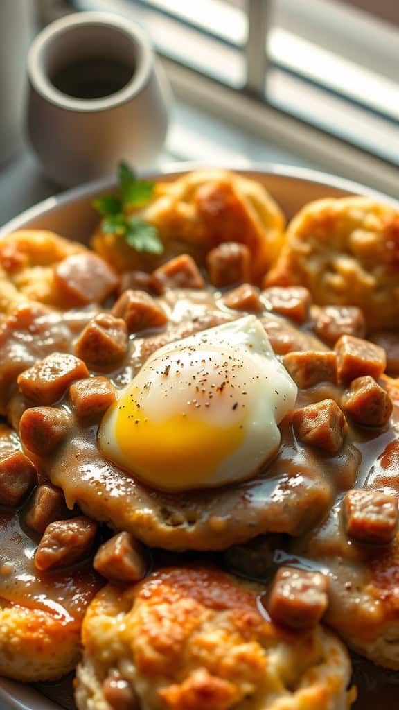 A delicious plate of biscuits and gravy breakfast casserole topped with a poached egg and sausage, ready to serve.