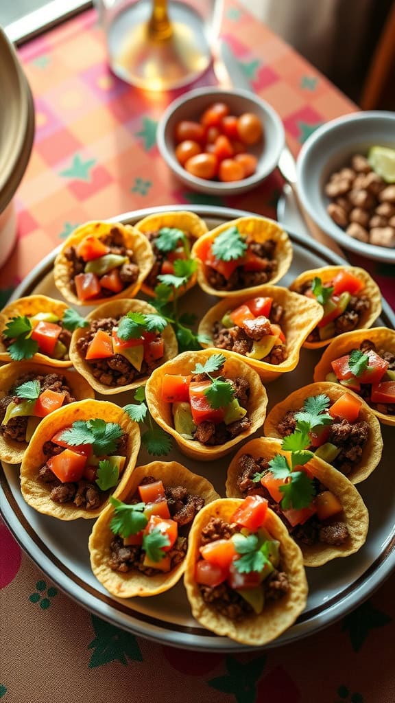 A plate of bite-sized taco cups filled with seasoned meat and topped with fresh vegetables and cilantro.