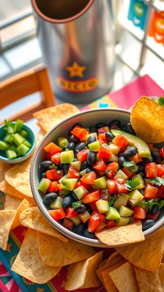 A bowl of black bean and avocado salsa surrounded by tortilla chips.