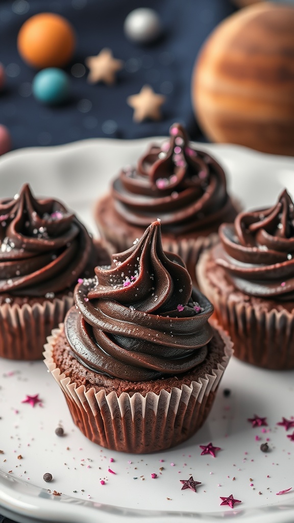 Delicious chocolate brownie bites topped with swirls of chocolate frosting and star-shaped sprinkles