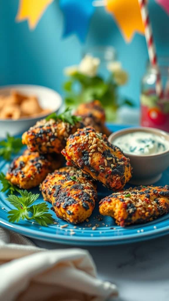 Delicious blue-crusted chicken tenders served with a dipping sauce.