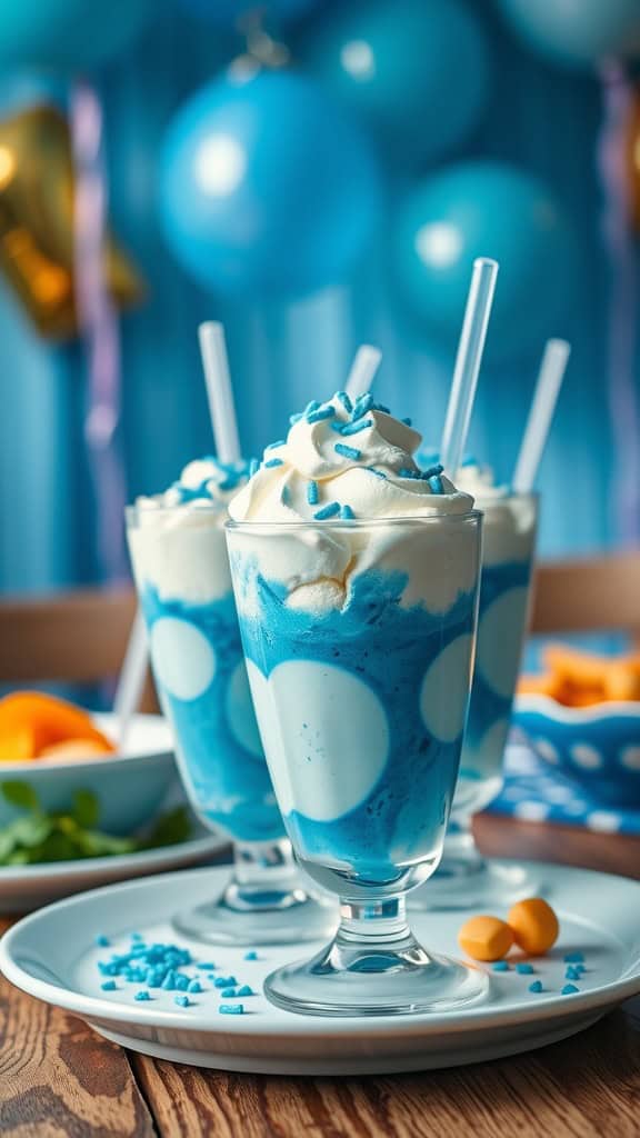 Three blue ice cream floats topped with whipped cream and blue sprinkles.