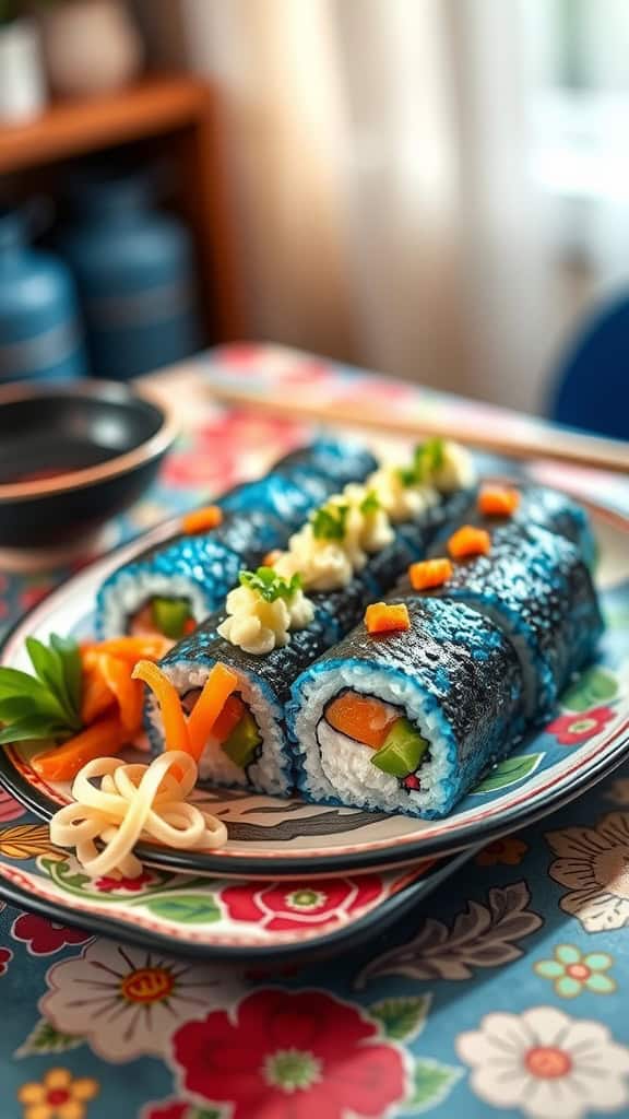 Colorful blue-themed sushi rolls presented on a plate