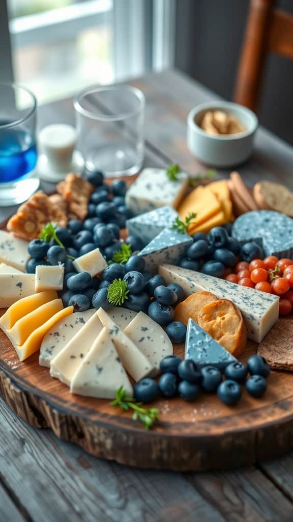 A beautifully arranged blue charcuterie board featuring various blue cheeses, juicy blueberries, and complementary fruits.