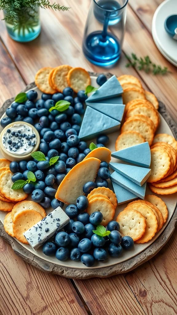 A blue charcuterie board featuring crackers, blue cheeses, and fresh blueberries.