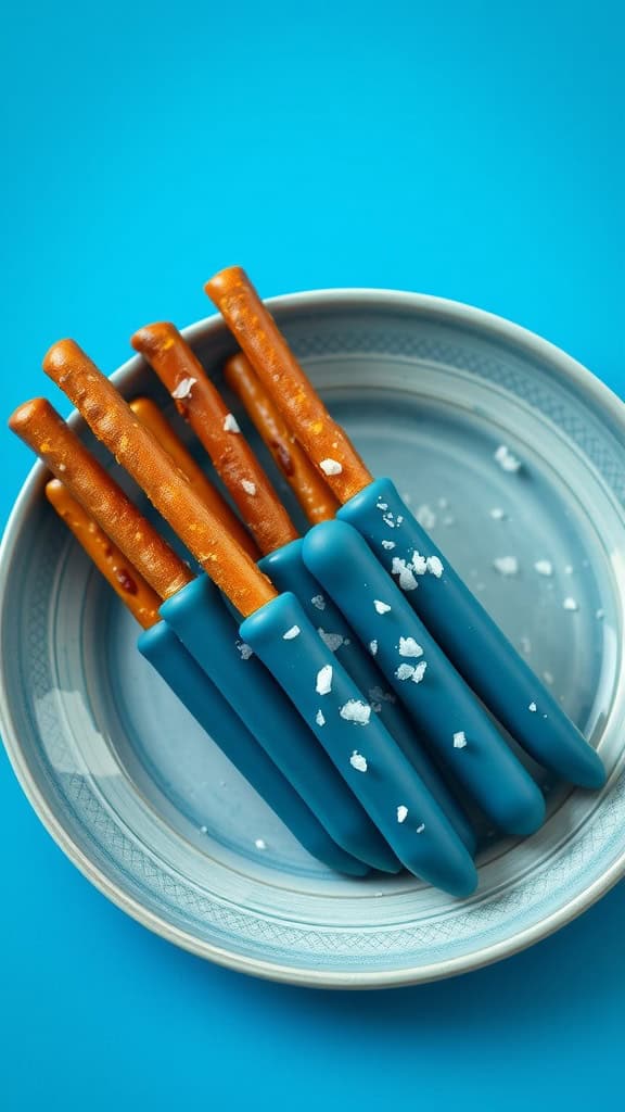 Blue chocolate-covered pretzel rods sprinkled with sea salt on a plate.