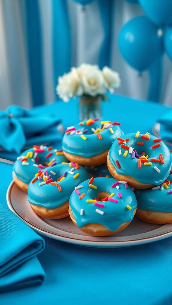 Colorful blue iced donuts with sprinkles on a plate, perfect for a themed celebration.