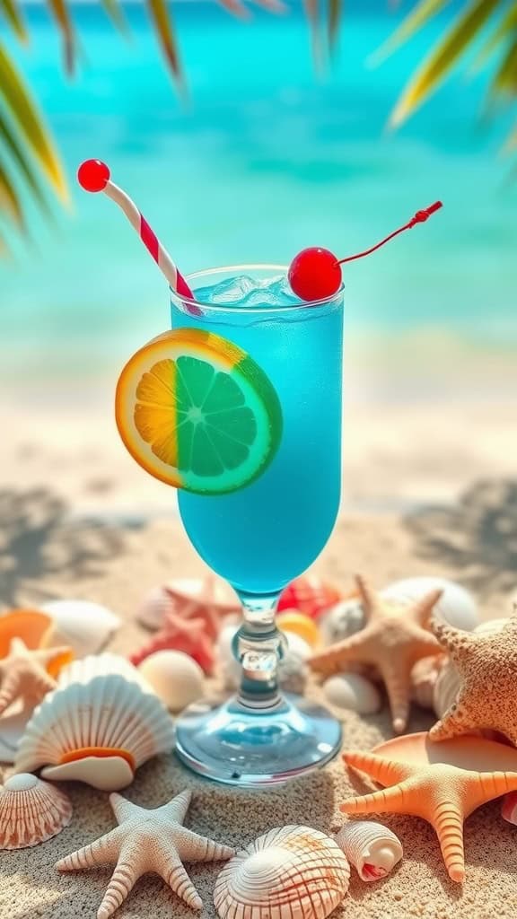 A vibrant blue drink garnished with orange and cherry