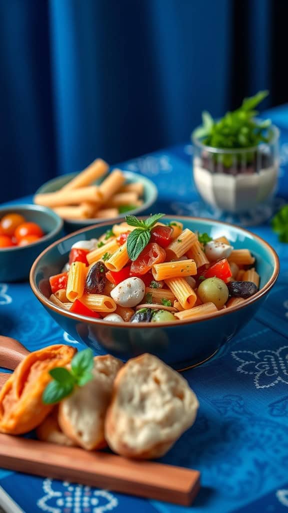 A bowl of colorful blue pasta salad with fresh vegetables and mozzarella balls