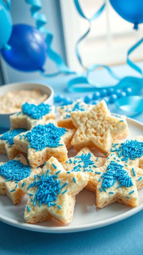 Plate of blue sprinkle Rice Krispie treats shaped like stars.