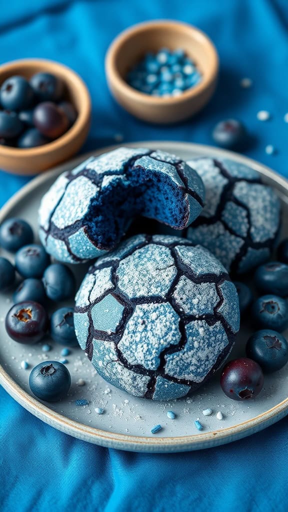 Delicious blue velvet cookies on a plate with blueberries.