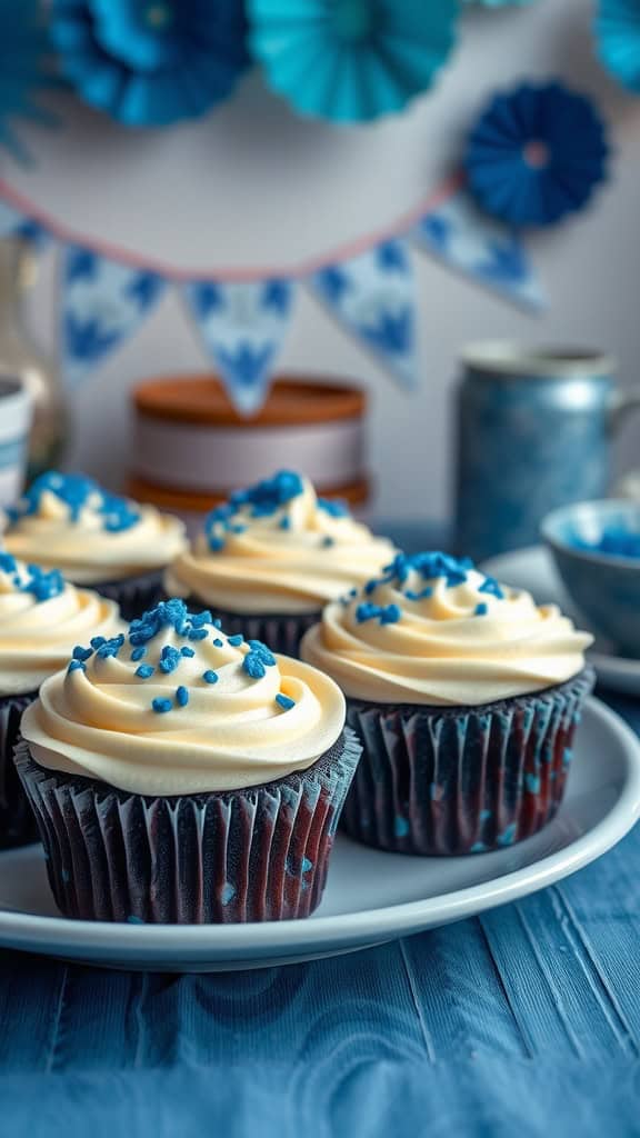 Delicious blue velvet cupcakes topped with cream cheese frosting and blue sprinkles.