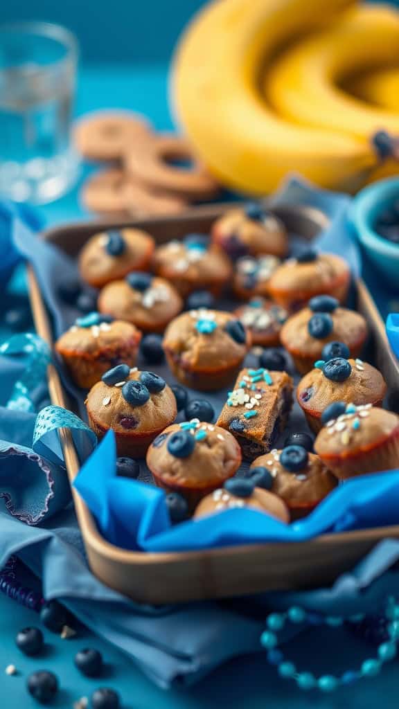 Delicious blueberry banana bread bites arranged on a blue tray, topped with fresh blueberries.