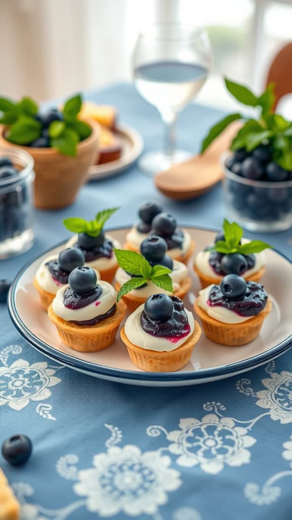 Plate of blueberry bliss bites topped with fresh blueberries and mint, perfect for a blue-themed party.