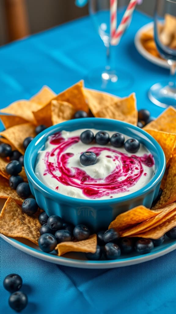 A vibrant serving of blueberry cheesecake dip surrounded by graham crackers and fresh blueberries.