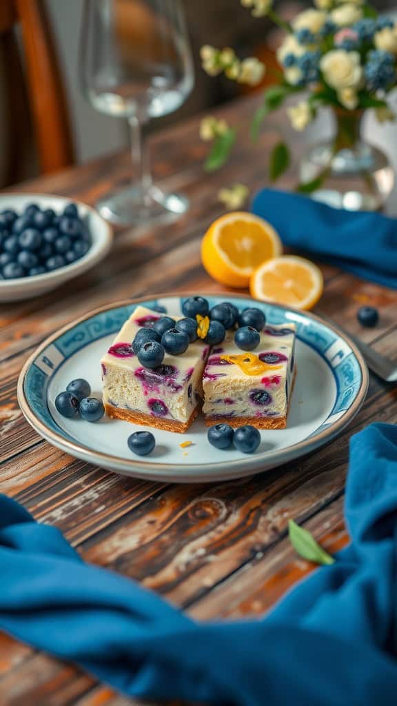 Blueberry Lemon Cheesecake Bars on a plate with blueberries and lemon slices