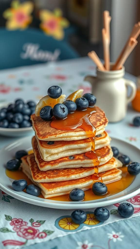 Stack of blueberry pancake skewers topped with blueberries and syrup.