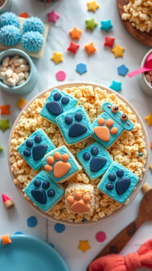 Bluey-themed Rice Krispies with colorful edible decorations