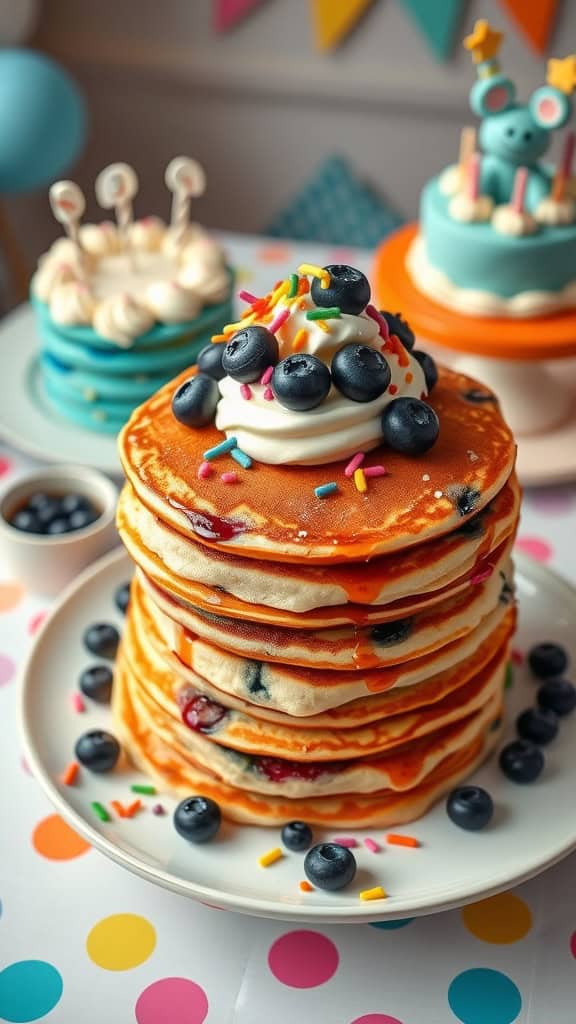 Colorful pancakes stacked high, topped with whipped cream, blueberries, and sprinkles.