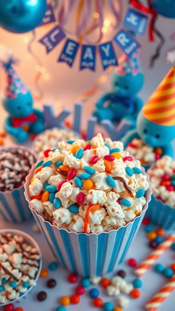 Colorful popcorn bar with various toppings for a kids party