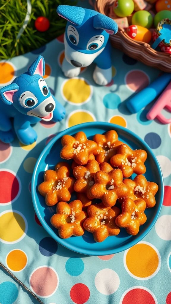 A plate of orange flower-shaped pretzel bites sprinkled with coarse salt, perfect for a kid's party.