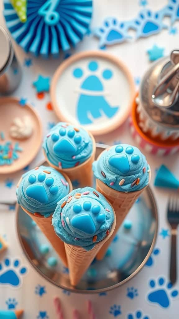 Colorful ice cream cones topped with blue ice cream and paw print sprinkles for a fun party treat.