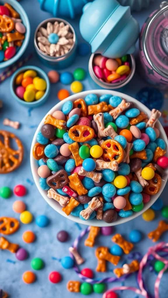 Colorful bowl of snack mix with pretzels, chocolate bones, and candy