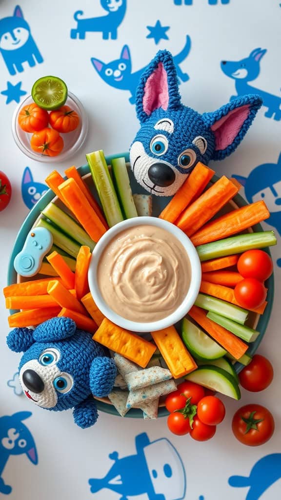 A vibrant veggie tray featuring colorful vegetables and puppy-shaped crackers, perfect for a children's party.