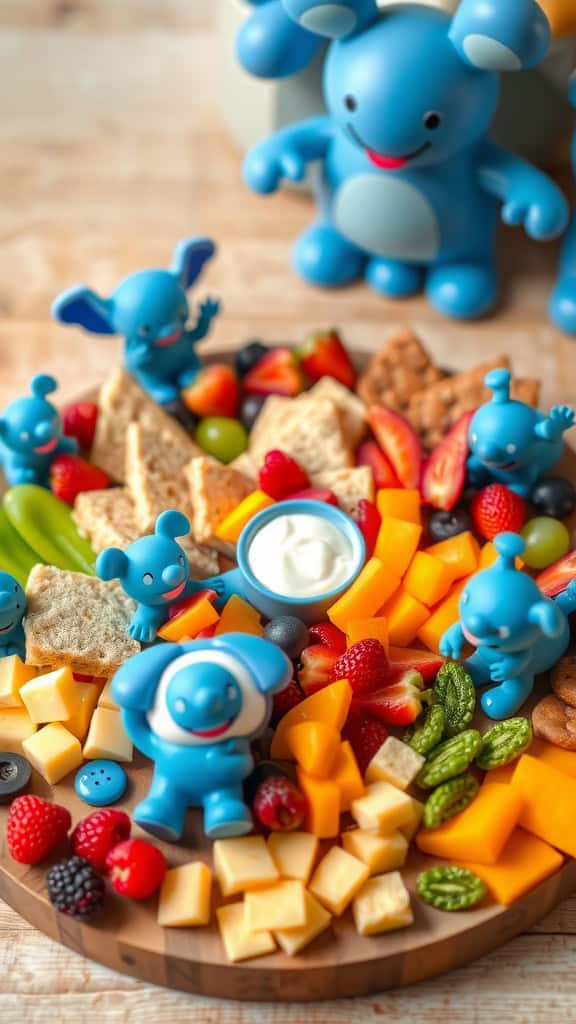 A cheerful Bluey-themed charcuterie board with fruits, cheeses, and dips.