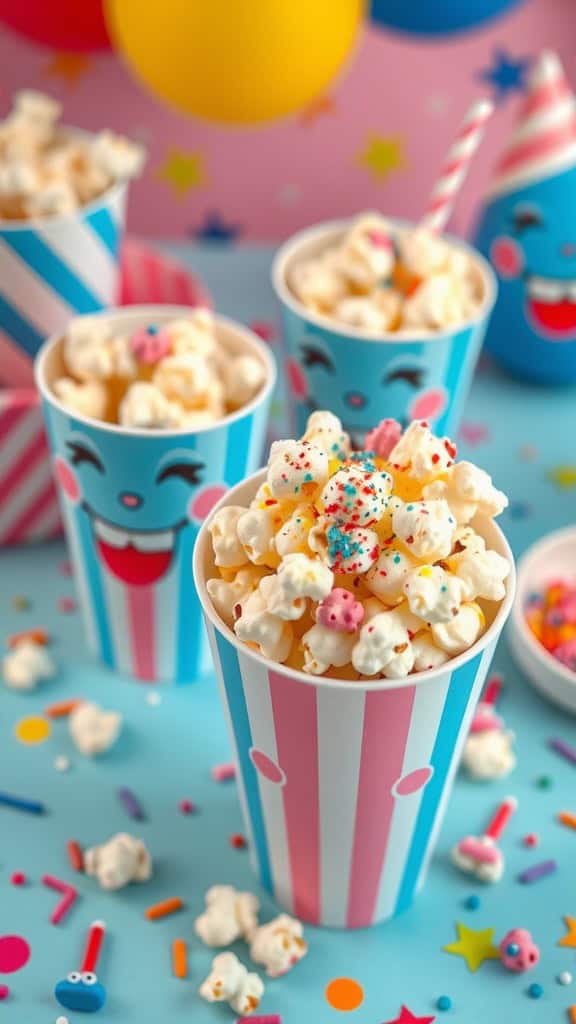 Colorful popcorn cups decorated with edible glitter and sprinkles for a Bluey themed party.