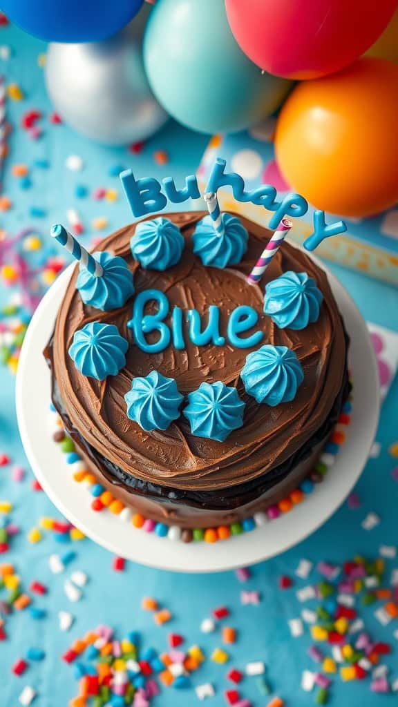 A chocolate bark dessert with blue swirls and colorful sprinkles, themed for a children's party.