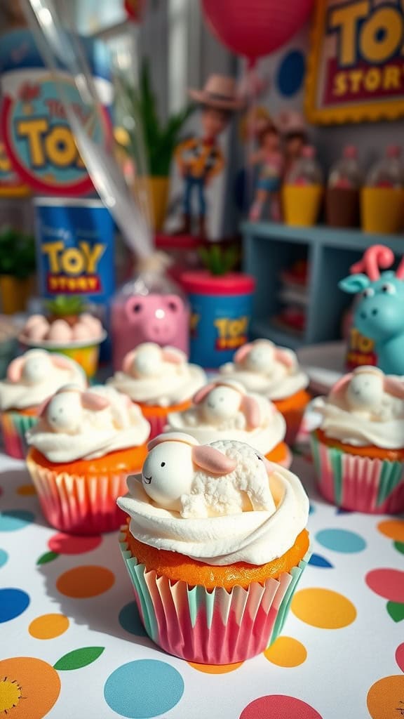 Colorful cupcakes topped with sheep decorations for a Toy Story theme.