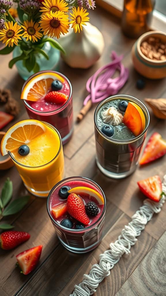 Colorful smoothie shots garnished with fresh fruit.