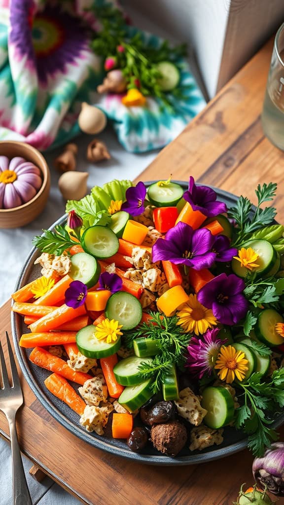 A colorful veggie platter with edible flowers, carrots, cucumbers, and bell peppers arranged beautifully.