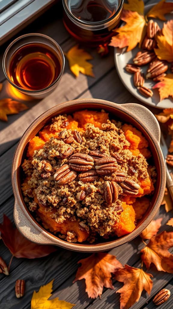 Bourbon Pecan Sweet Potato Casserole in a bowl with pecans on top.