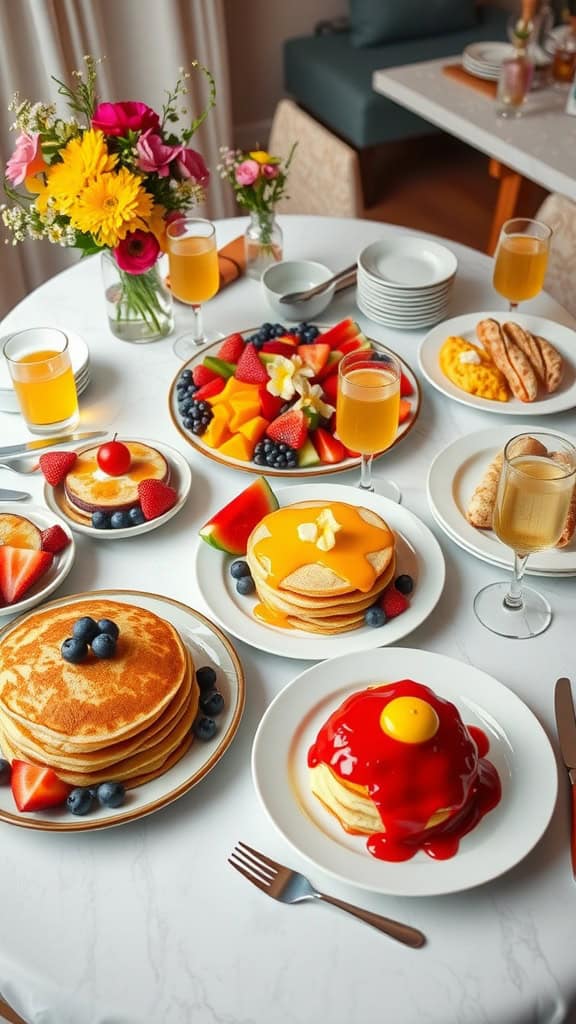 A delicious breakfast spread featuring pancakes, fruit, and drinks.