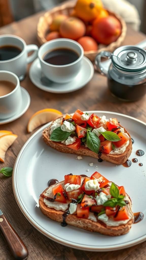 A delicious breakfast bruschetta topped with fresh tomatoes, mozzarella, and basil on toasted bread.