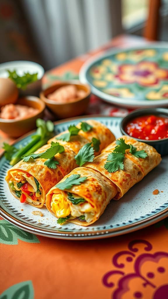 A colorful plate of breakfast burrito bites garnished with cilantro