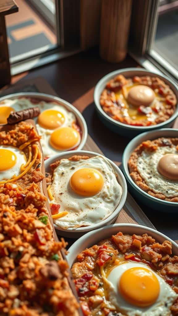 A display of various breakfast casseroles with eggs and sides.