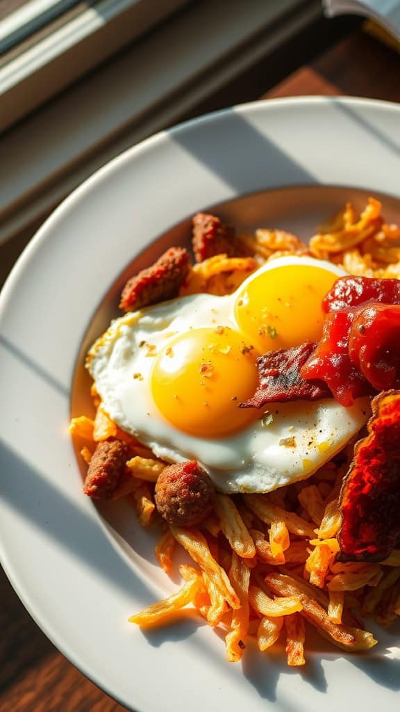 A plate of breakfast casserole featuring hashbrowns, eggs, and toppings