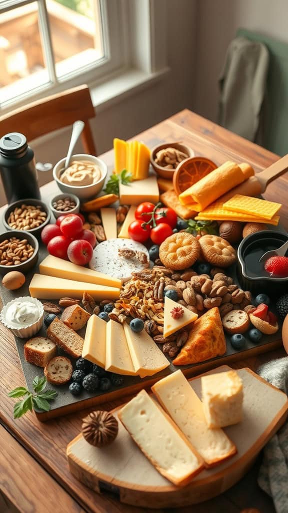 A beautifully arranged breakfast charcuterie board with various cheeses, fruits, nuts, and pastries.