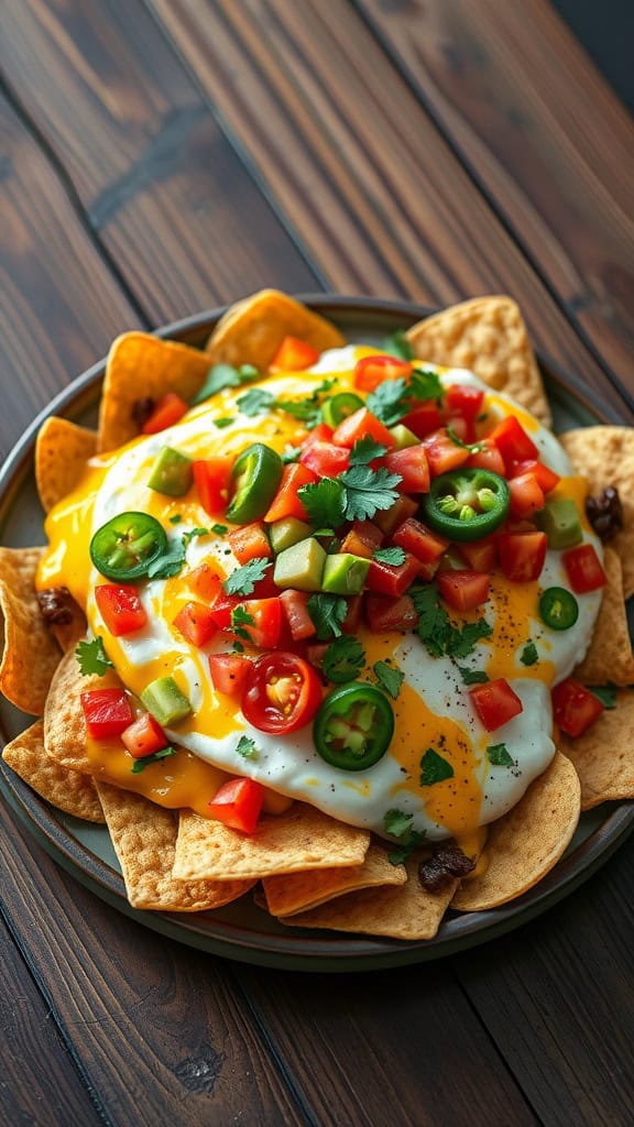 Plate of breakfast nachos topped with cheese, tomatoes, jalapeños, and cilantro