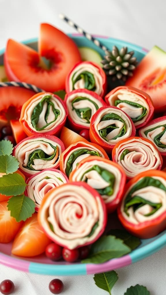 Colorful breakfast pinwheels with fresh ingredients arranged on a platter.