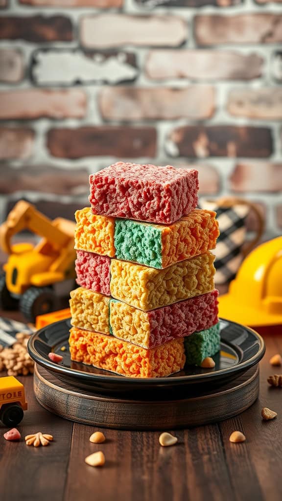 Colorful Rice Krispies treats stacked like bricks for a construction party.